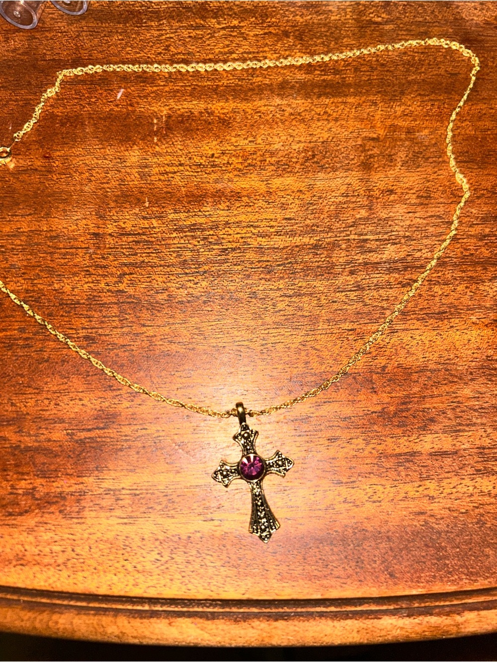 Gold Tone Cross Pendant Necklace with Purple Gem